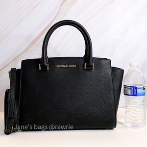 New MK Black Saffiano Leather Selma Medium Satchel